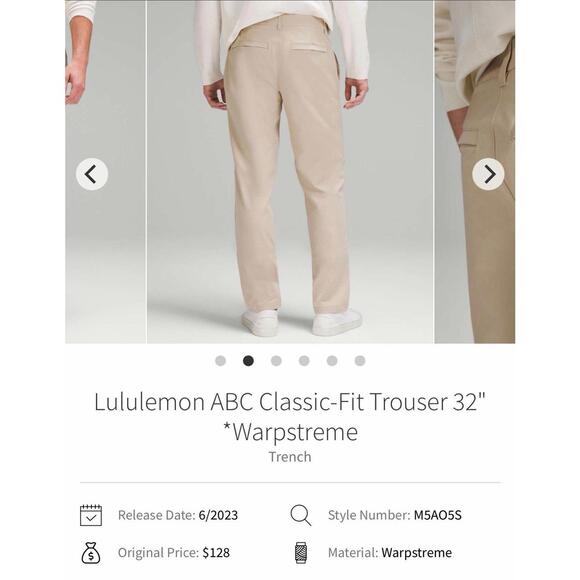 Men's Lululemon ABC Classic-Fit Trouser 32in Warpstreme in Trench Beige size 33. - Picture 7 of 8